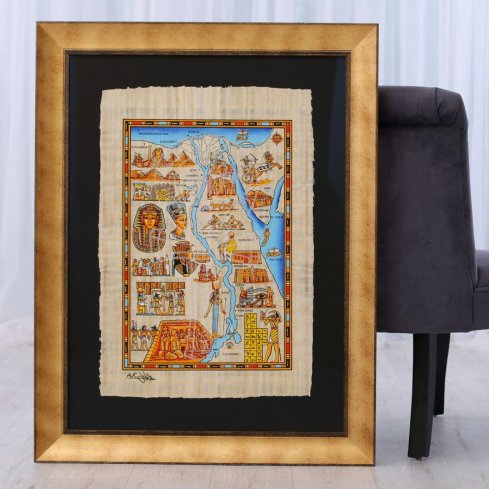 Novodobý egyptský papyrus v krásném zlatém rámu s téměř neviditelným antireflexním sklem