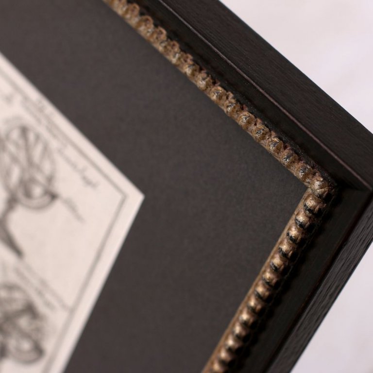 S tiskem skvěle ladí jemný hnědočerný rám s elegantním dekorem perliček