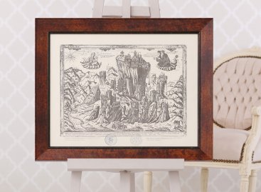 Fládrovaný dřevěný rám s jemným profilem a elegantní patinou s novotiskem řeckého historického dřevorytu klášterů Meteora.