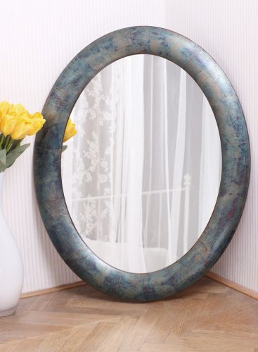Luxusní zakázkový oválný rám zrcadla s oxidovaným pravým stříbrem do opalizujícího efektu proměnlivých zelených a modrých barev