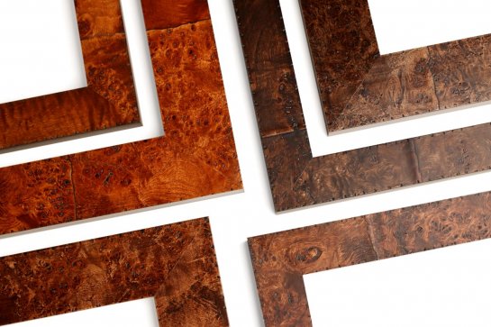 Rámy na obrazy a zrcadla s dýhou z olivového dřeva v různém moření a stupních lesku